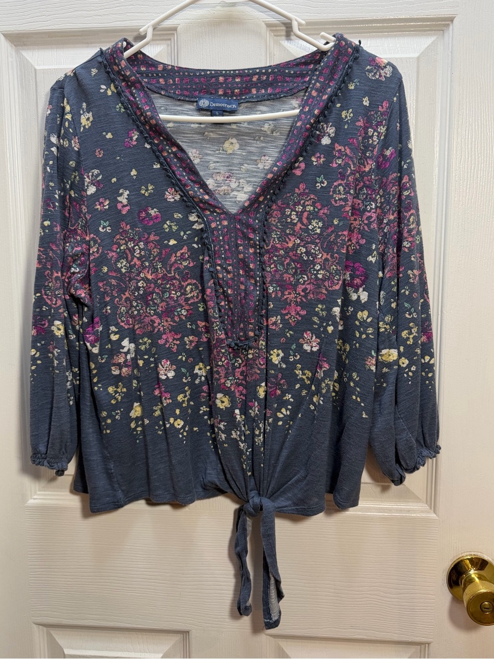 Democracy Navy Floral Tie-Front V-Neck Blouse